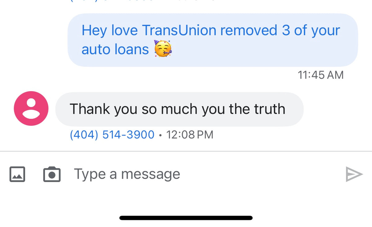 Client Testimonial TransUnion Auto Loan Removed